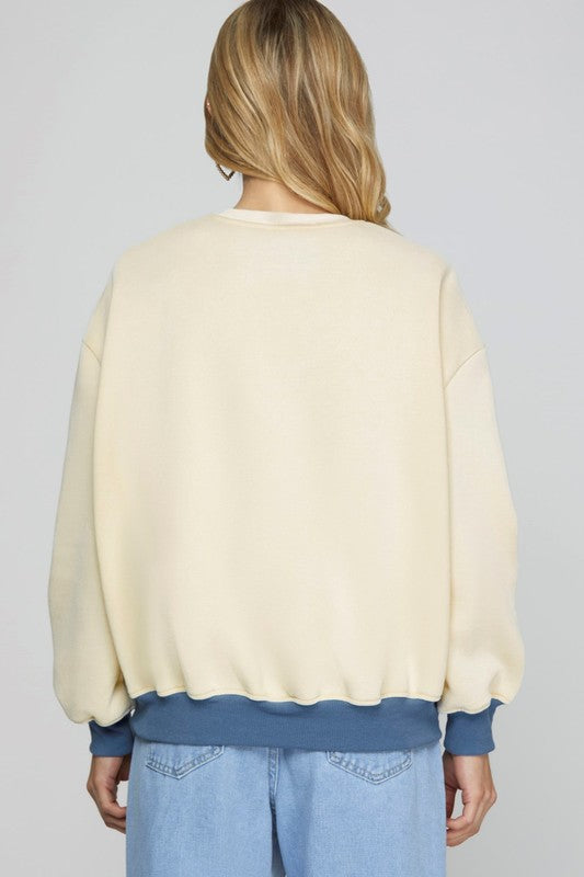 Cream & Blue Pearl Embellished Denim Ribbon Bow Patch Long Sleeve Sweatshirt