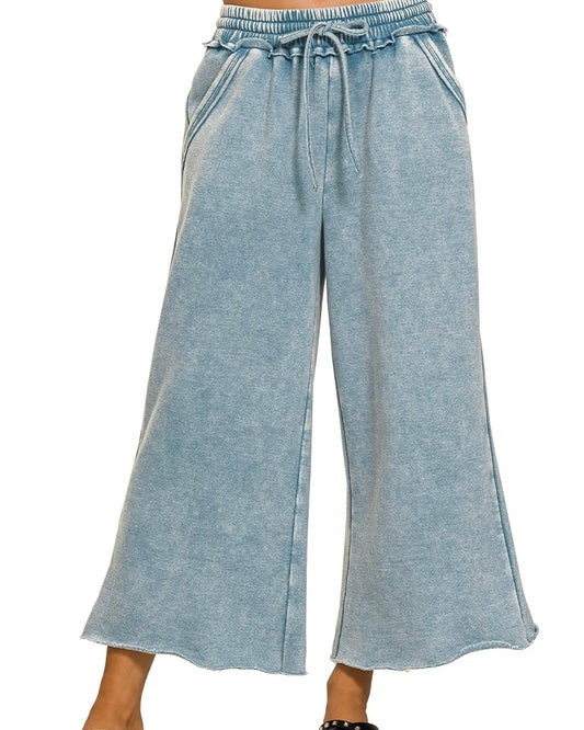 Light Blue Gray Acid Wash Fleece Palazzo Sweat Lounge Pant with Pockets