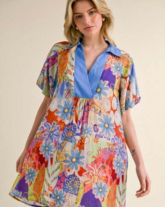 Multicolor Floral Print Contrast Open Collar Short Puff Sleeve Dress