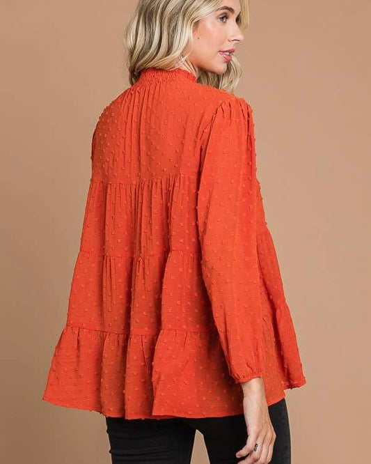 Spice Rust Swiss Dot Long 3/4 Sleeve Tiered Smock Top