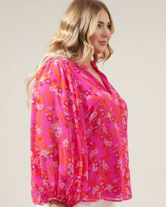 Plus Size Pink & Red Floral Ruffle Open Neck Long Balloon Sleeve Blouse Top