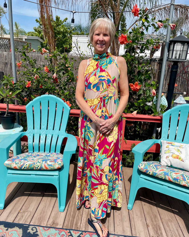 Pink Magenta, Turquoise Tropical Floral Print on Tan Halter Neck Sleeveless Maxi Sundress