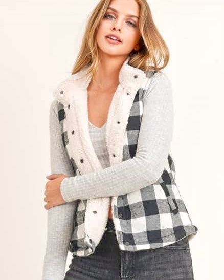 Plus Size Black & White Checkered Front Fleece Lined Pocket Vest