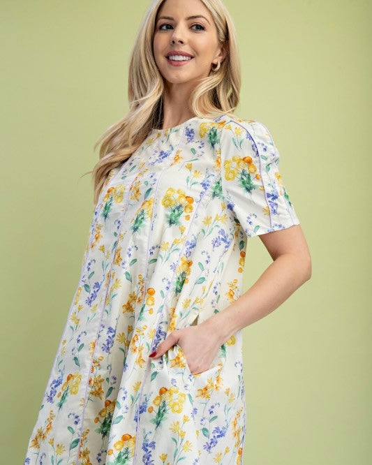 Ivory & Orange Floral Garden Print Paneled Short Sleeve Dress