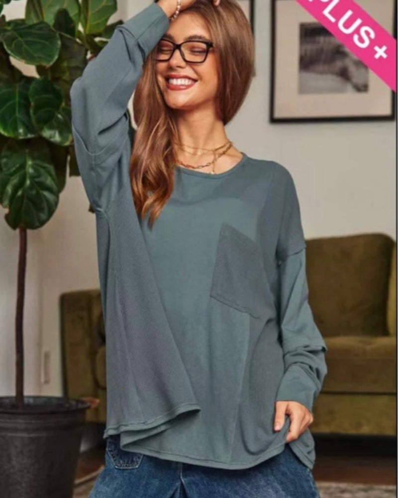 Plus Size Sage Grey Solid Thumbhole Loose Knit Long Sleeve Top