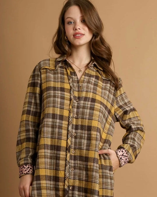 Brown Plaid Flannel Button Down Frayed Yoke Edge Pocket Swing Long Sleeve Shirt Dress