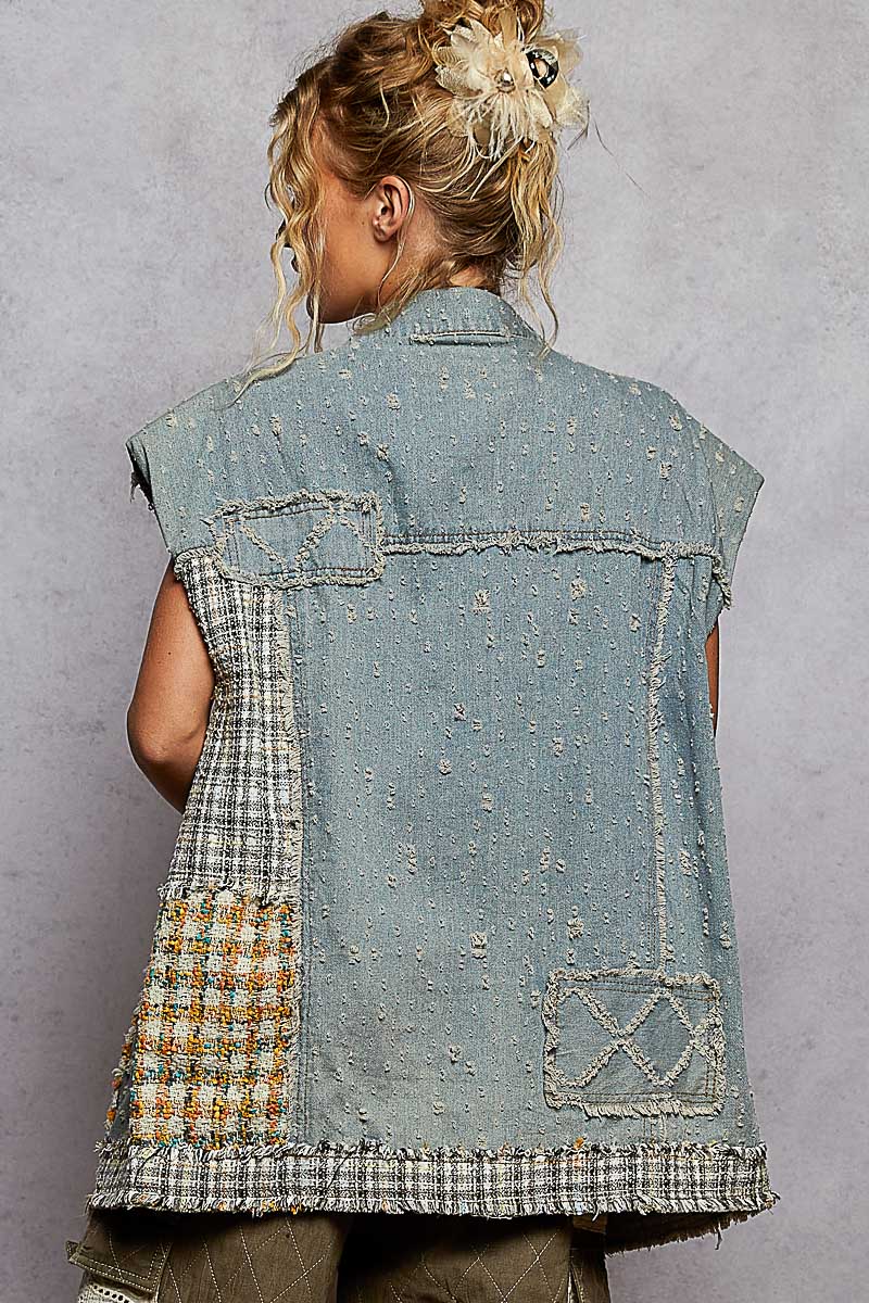 Denim Mix Patch Button Down Vest Jacket