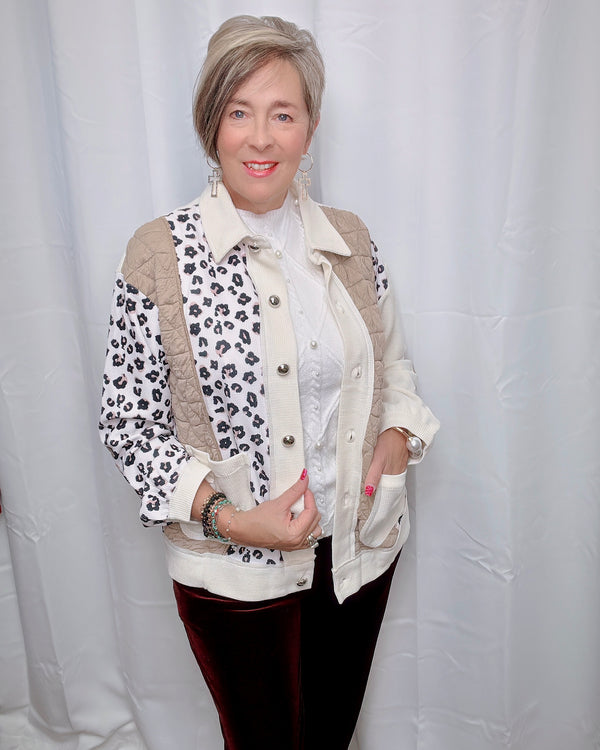 Cream Waffle & Brown Leopard Quilted Patchwork ColorBlock Button Front Jacket