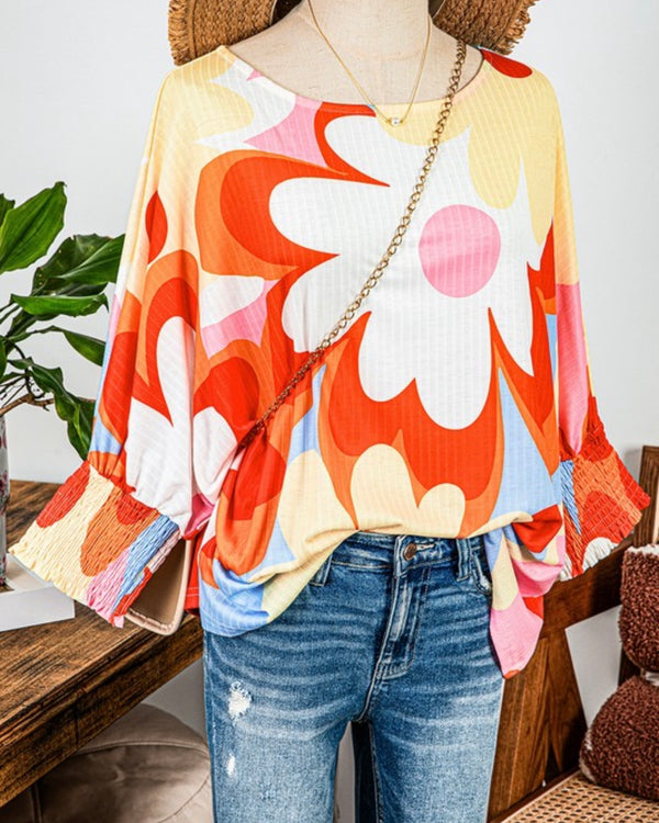 Bright Retro White, Orange & Yellow Flower 3/4 Smock Sleeve Textured Top