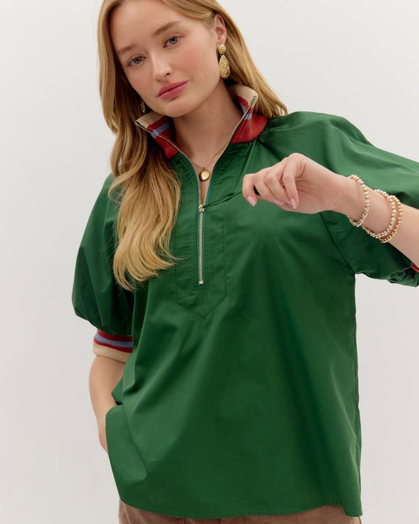 Solid Green Jersey Contrast Stripe Zip Neck Short Sleeve Top