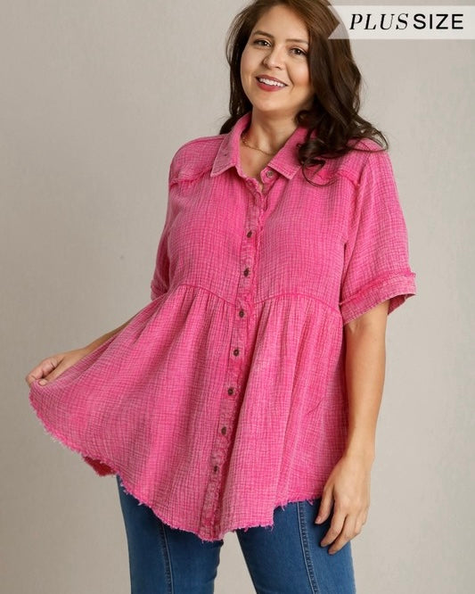 Curvy Girl Blue or Pink Button Down Babydoll Style Short Sleeve Top