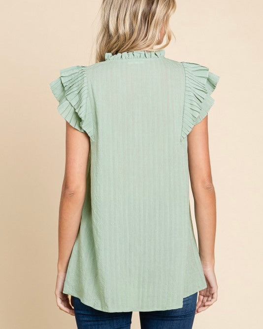 Sage Green Short Ruffle Cap Sleeve Textured Top