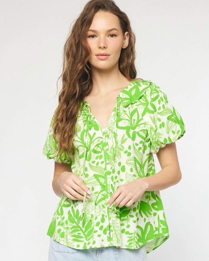 Spring Green & White Abstract Floral Puff Sleeve Top