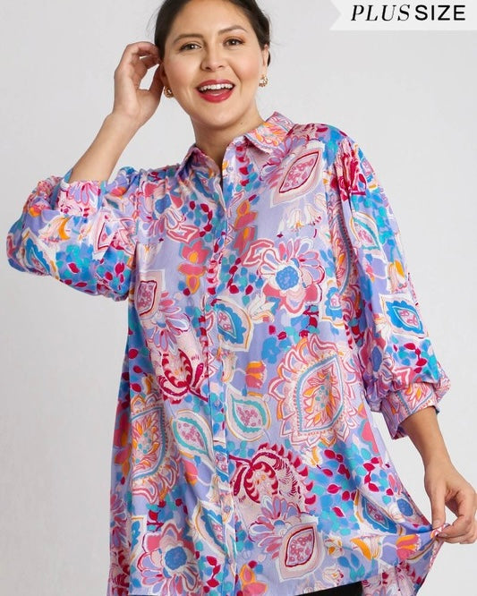 Blue, Lavender & Pink Floral Paisley Mixed Print 3/4 Cuff Sleeve Button Down Collared Tunic Swing Top