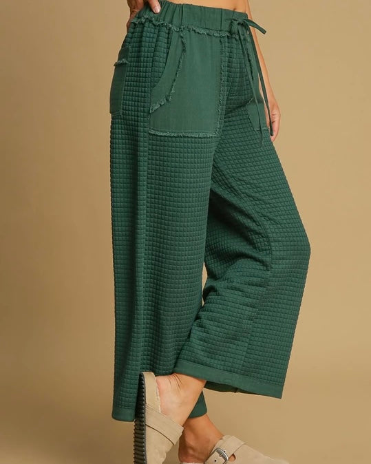 Hunter Green Quilted Wide Leg Lounge Drawstring Pants