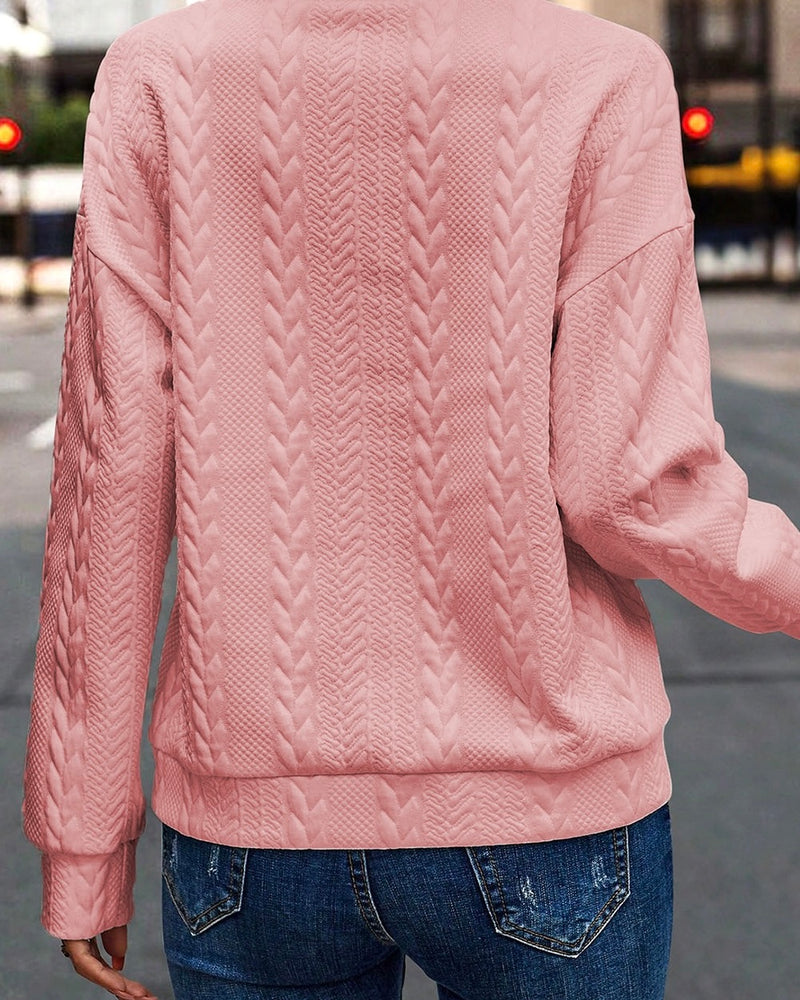 Pink Textured Long Sleeve Zip Neck Pullover Band Waist Top