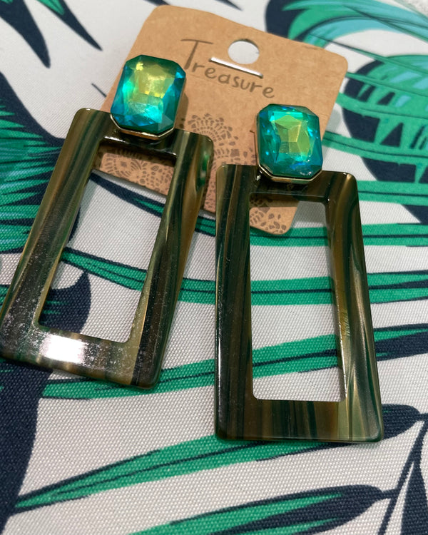 Brown or Green Acrylic Square Post Drop Blue or Pink Rhinestone Earring