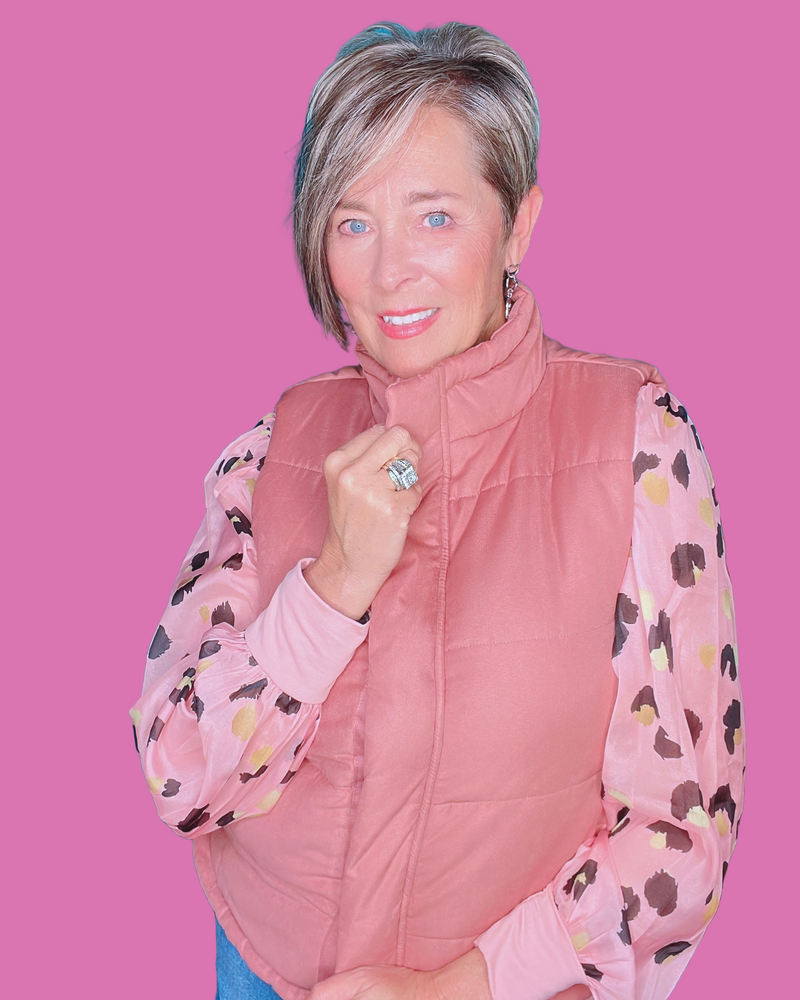 Mauve Rose High Neck Snap & Zip Front Quilted Puff Vest