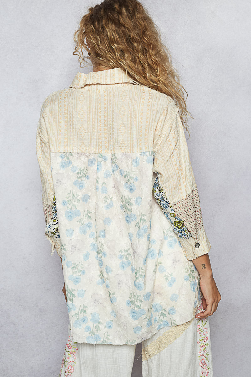 Cream Neutral Mix Media Patchwork 3/4 Sleeve Button Collar Shirt Jacket Top