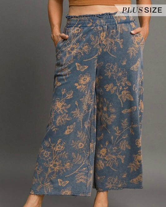 Plus Size Casual Black or Blue w/Brown Floral Design Wide Leg Lounge Cargo Pants with Pockets