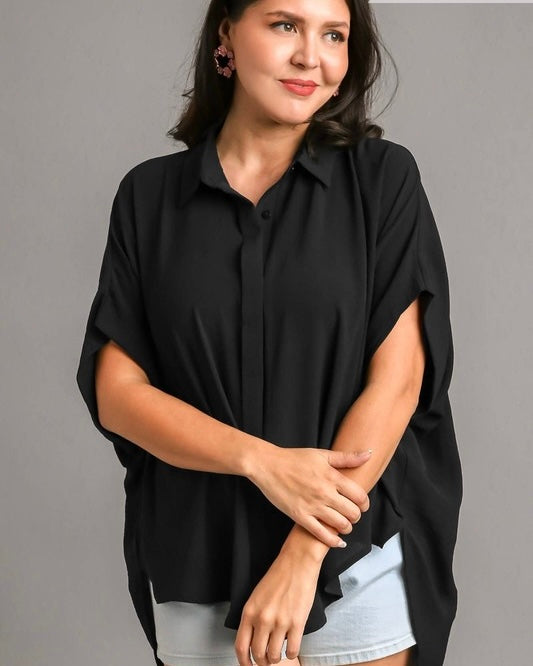 Pumpkin, Black, Pink, Red, Teal or Purple Flowy Boxy Short Sleeve Button Front Blouse