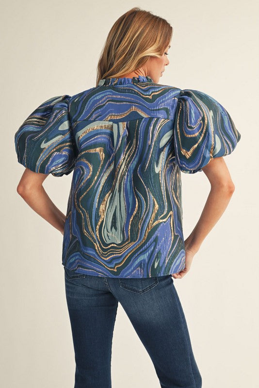 Blue & Gold Swirl Jacquard Short Bubble Sleeve Top
