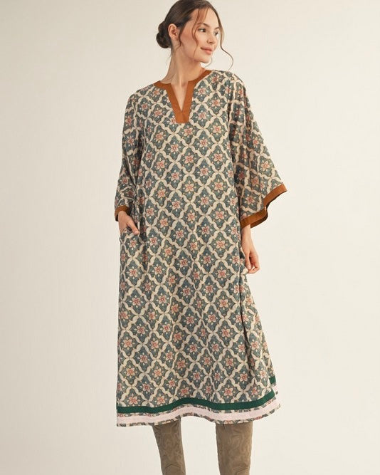 Boho Green & Brown Accent Floral Long Flare Sleeve Midi VNeck Dress