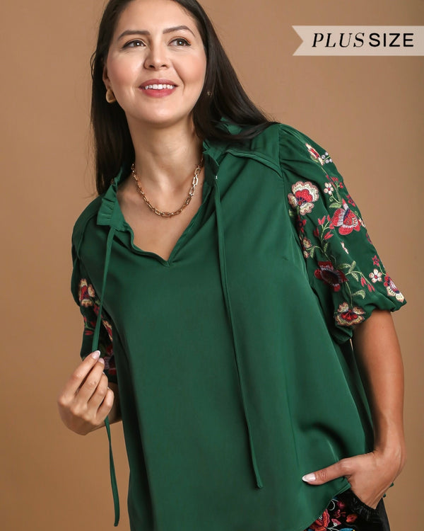 Plus Size Hunter Green Short Puff Embroidered Sleeve Top