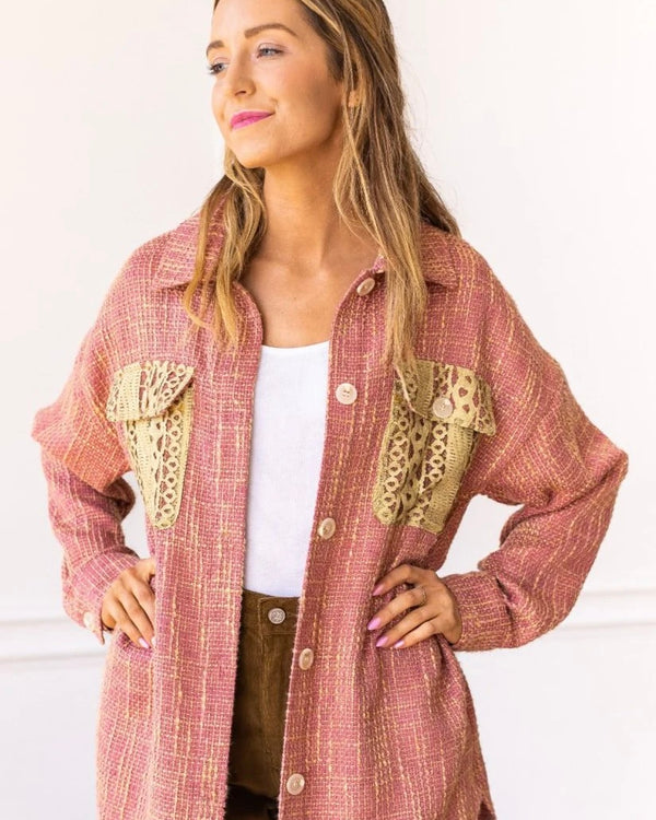 Pink Tweed Like Fabric Chest Pocket Button Down Long Sleeve Shacket