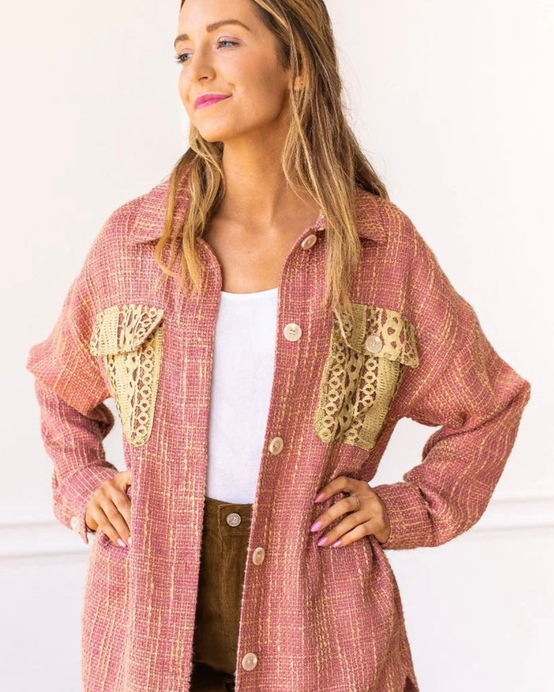 Pink Tweed Like Fabric Chest Pocket Button Down Long Sleeve Shacket