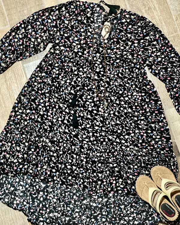 Black Floral Print Long Sleeve Hi Lo Drawstring Tie Waist Dress