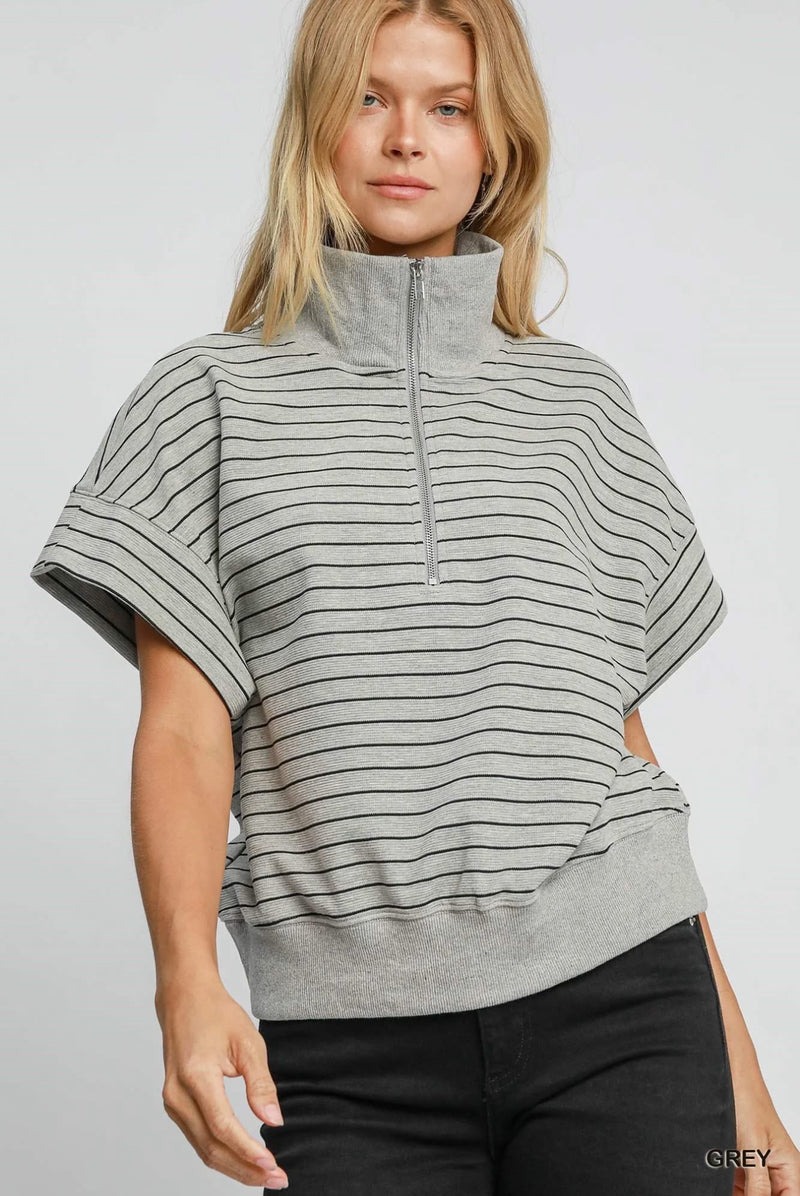 Brown, Gray or Black Stripe Pullover Zip Neck Short Sleeve Top