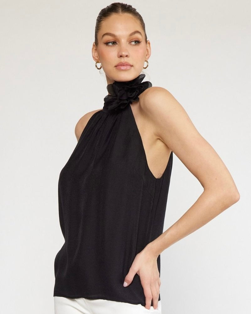 Solid Black Mock Neck Halter Tank Top