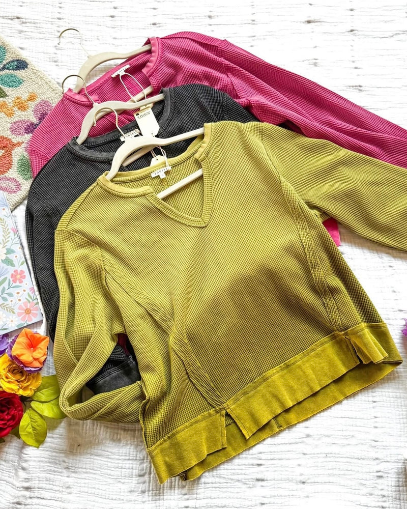 Green, Black & Pink Waffle Textured VNeck Close Sleeve Pullover Top