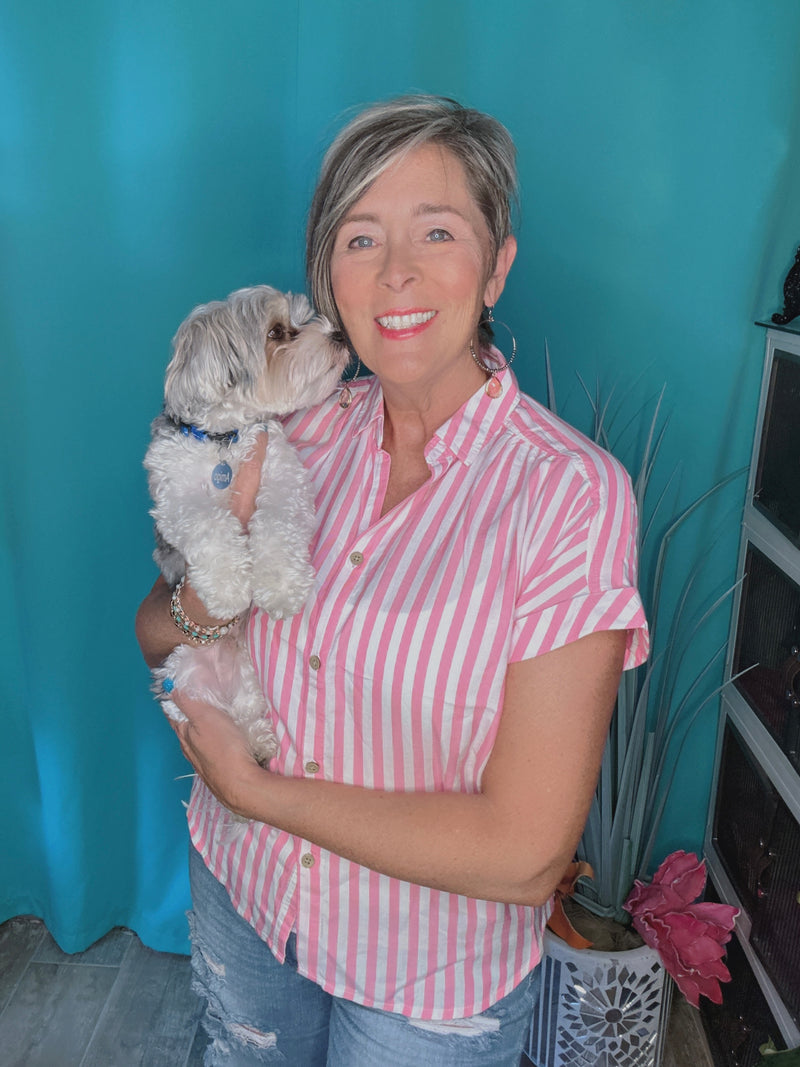 Pink & White Striped Collared Button Down Short Cap Sleeve Top