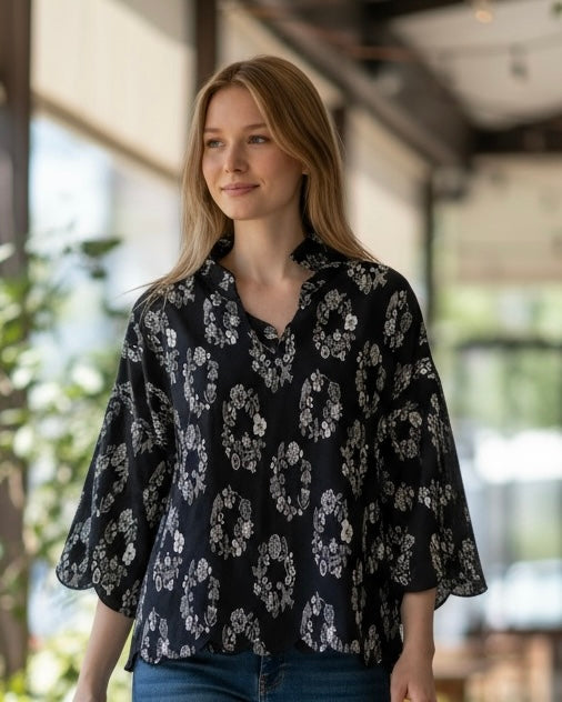 Navy Floral Wreath Print 3/4 Long Scallop Sleeve Open Neck Top