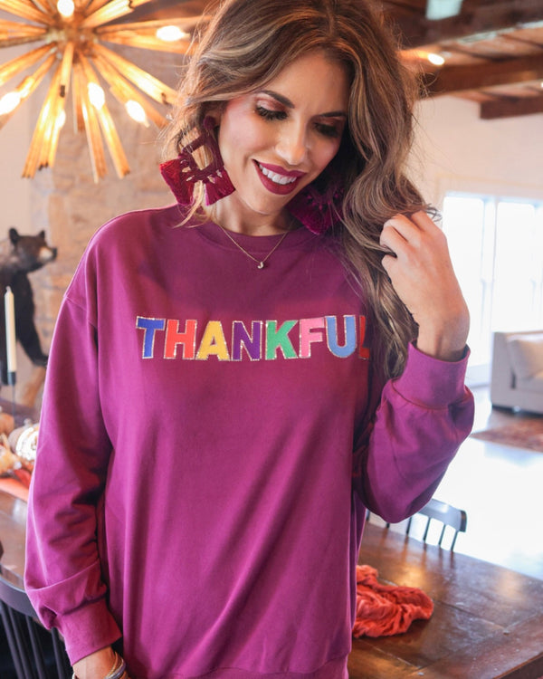 Magenta Sequin "Thankful" Pullover Long Sleeve Sweatshirt