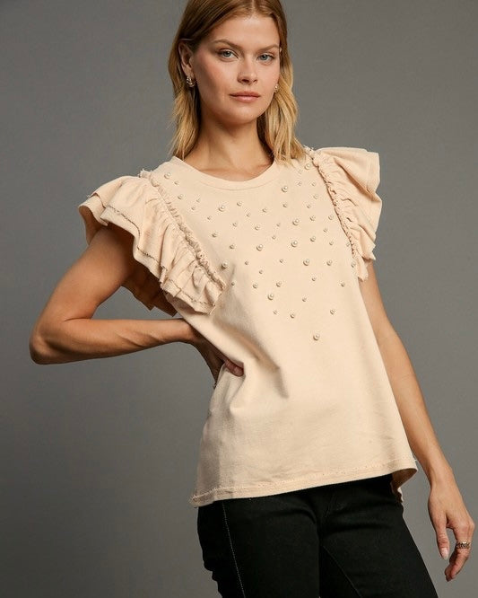 Natural Cream French Terry Round Neck Ruffle Cap Sleeve Pearl Embellished Top