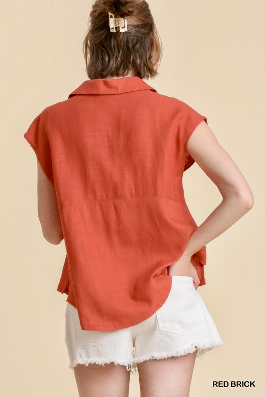 Teal Green or Brick Red Button Down Linen Blend Short Sleeve