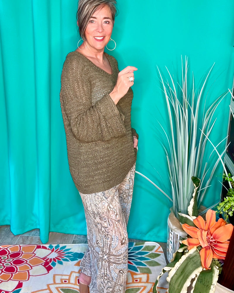 Bohemian Brown Multi Graphic Elastic Drawstring Waist Full Leg Pant