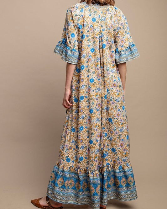 Bohemian Blue with Pink Floral Long Maxi Style Boho Dress