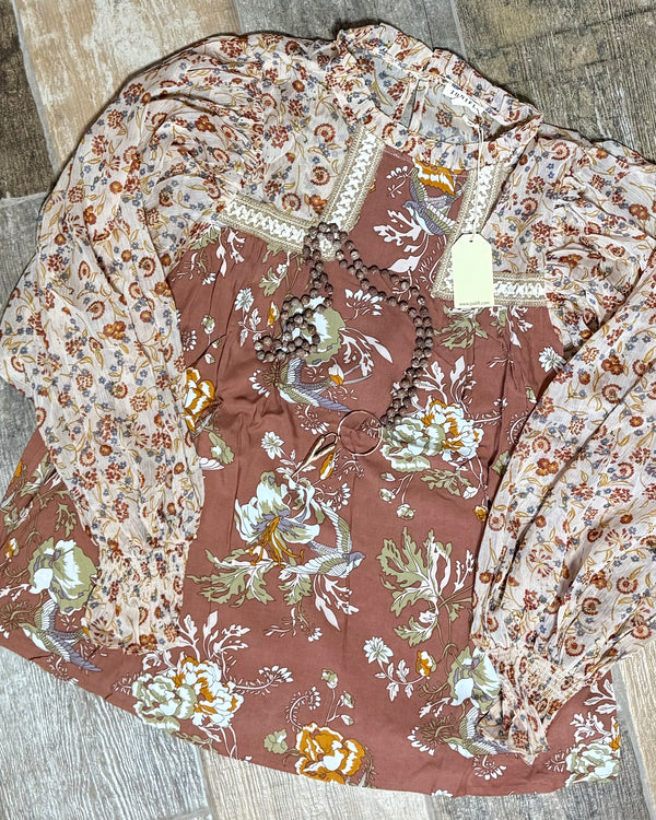 NEW FALL Brown Mix Media Print Long Balloon Sleeve Mock Neck Blouse