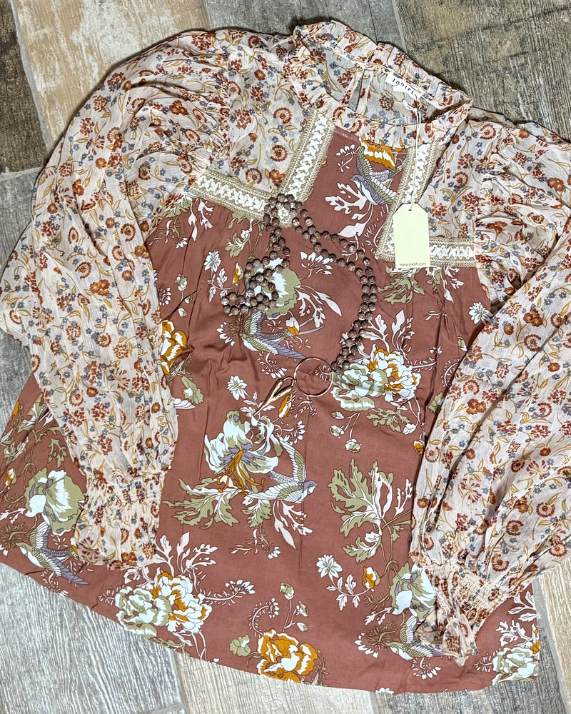 NEW FALL Brown Mix Media Print Long Balloon Sleeve Mock Neck Blouse