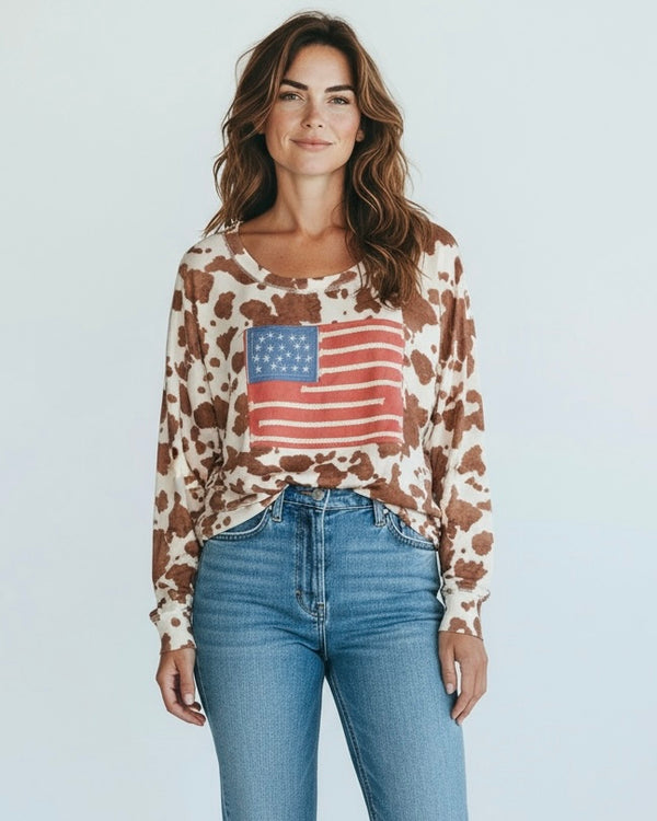 Brown Cow Print with USA American Flag Patch Long Sleeve Top
