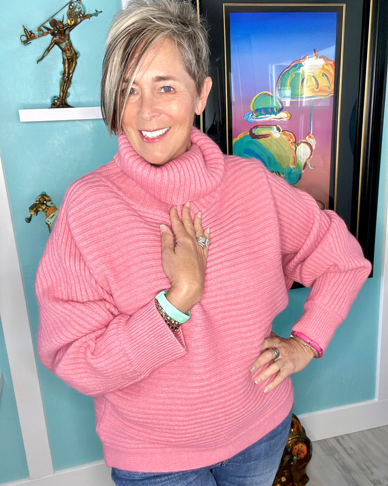 Heavy Weight Pink Ribbed Turtleneck Long Sleeve Sweater