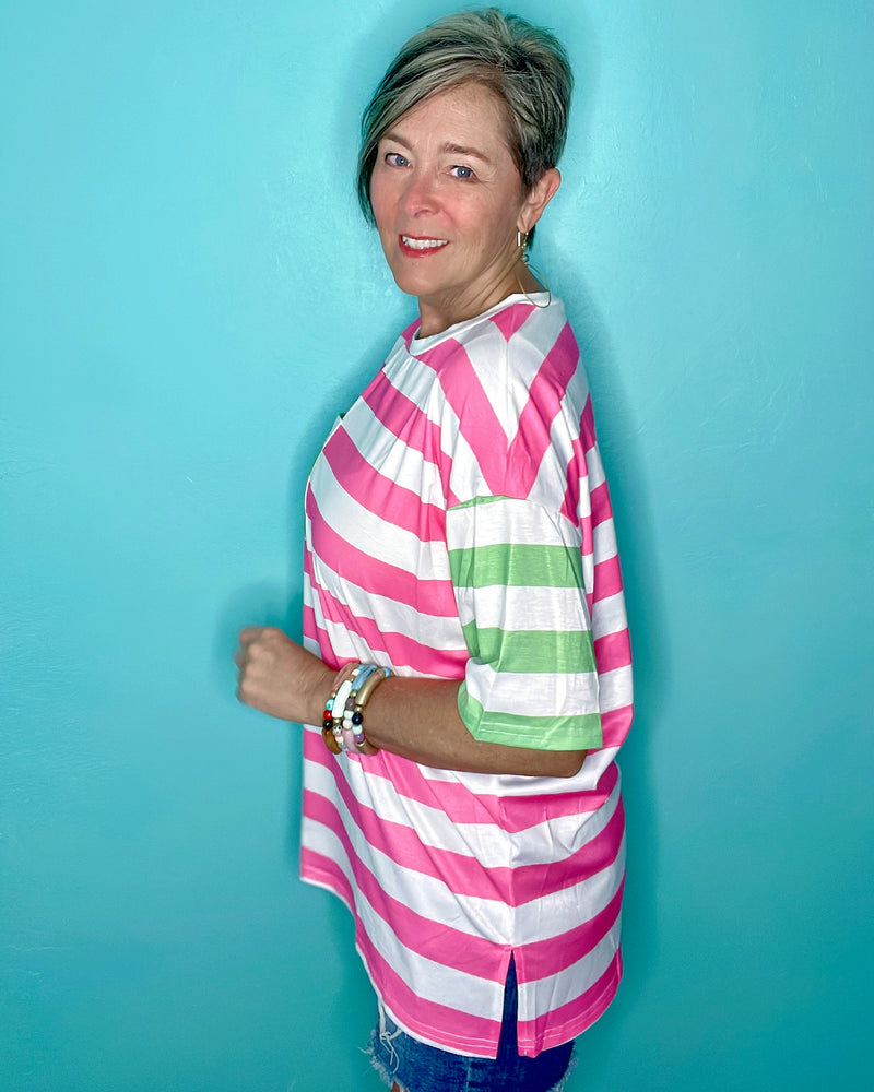 Playful Bold Pink & White Stripe T-shirt Top with Contrasting Green Chest Pocket