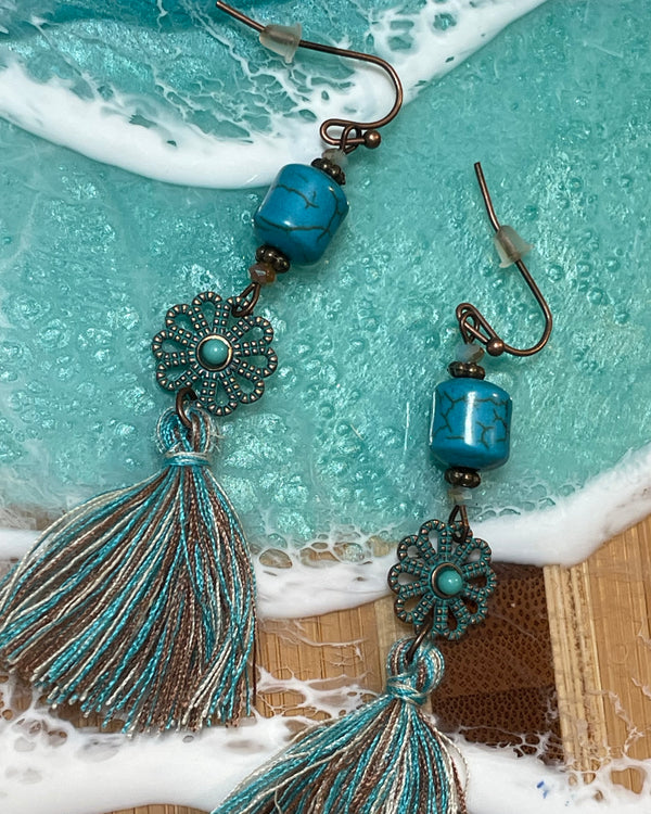 Turquoise Stone Flower & Turquoise Blue Tassel Dangle Earrings