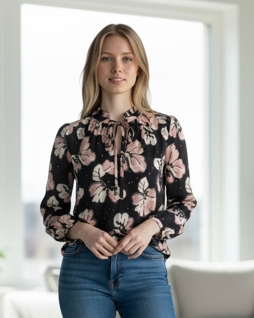 Black & Cream Large Floral Print Long Sleeve Tie Neck Peasant Blouse Top