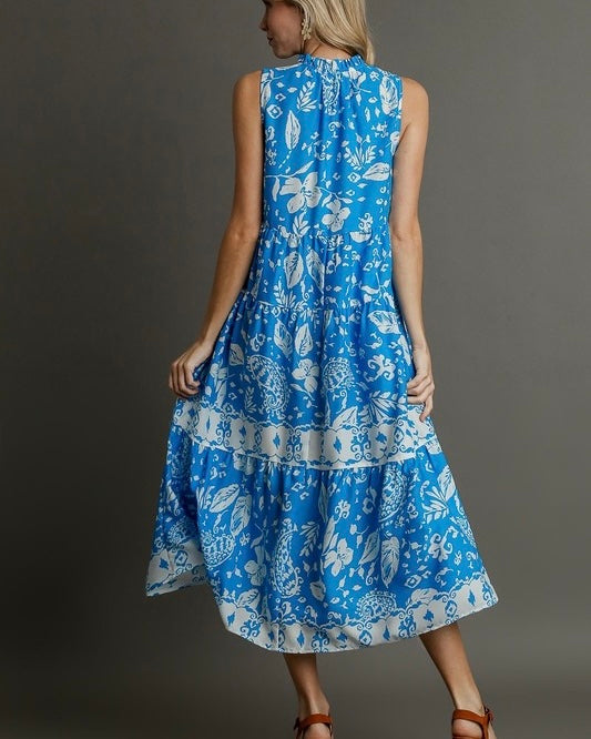 Blue & White Tropical Graphic Sleeveless Ruffle Neck Tie Midi Tiered Dress