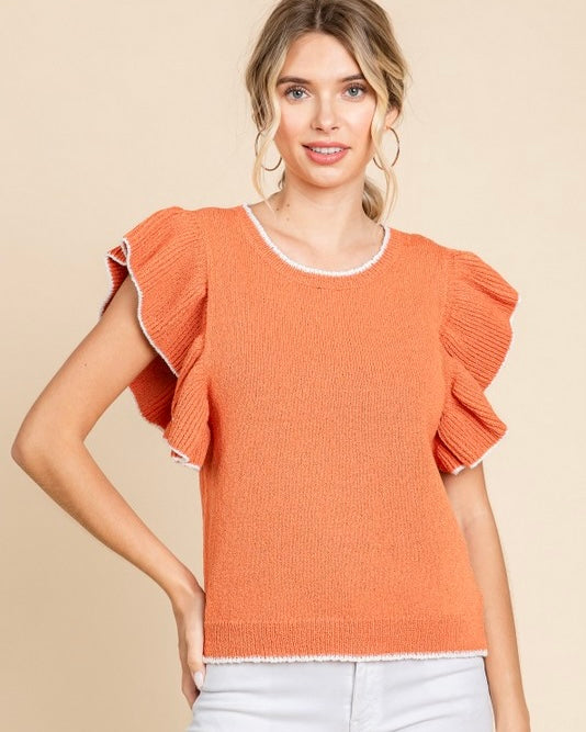 Green, Orange, Pink or Red Light Summer Knit Ruffle Cap Sleeve Sweater